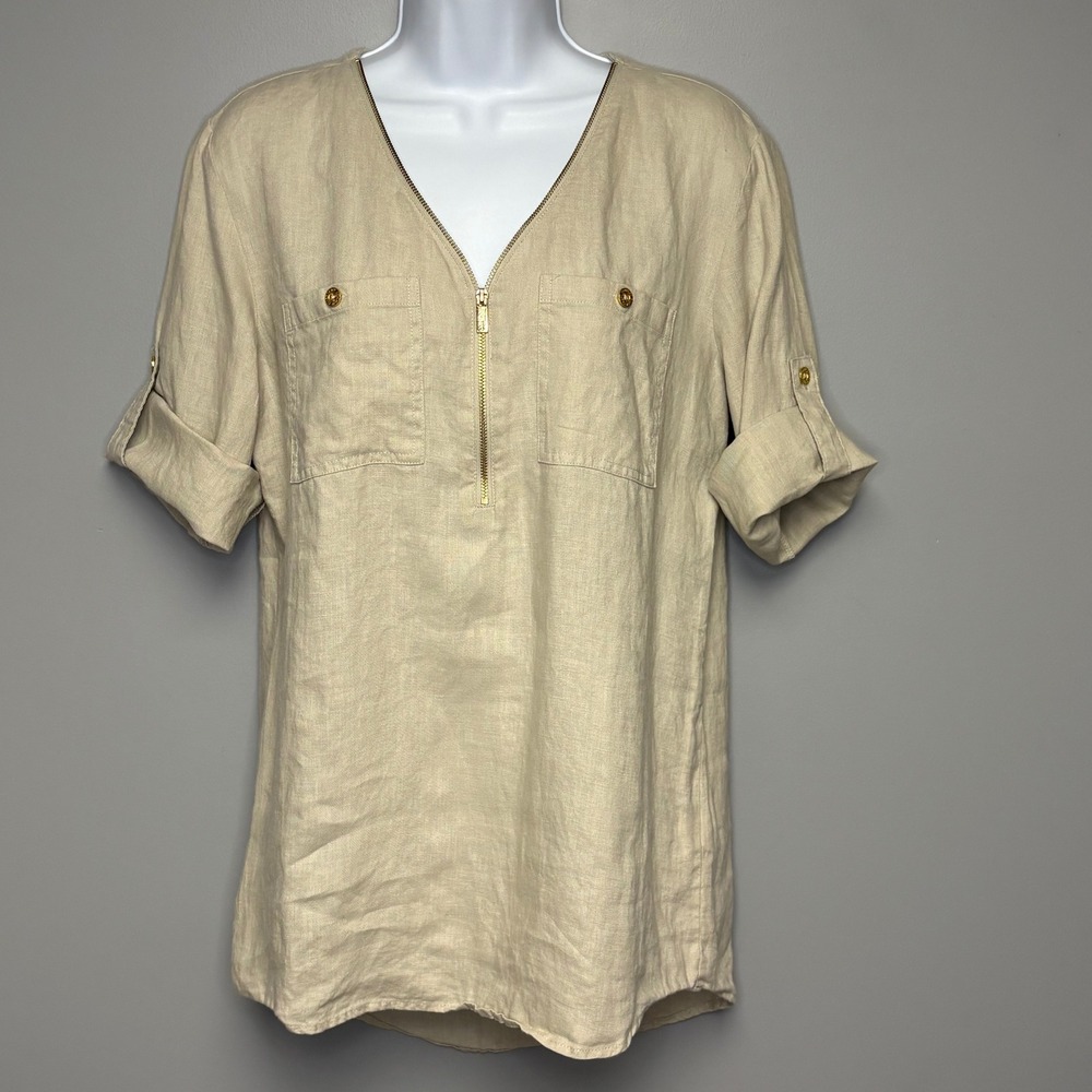 Ellen Tracy 100% Linen Resortwear Beach Minimalist Tan Gold Roll Tab Tunic Sz S